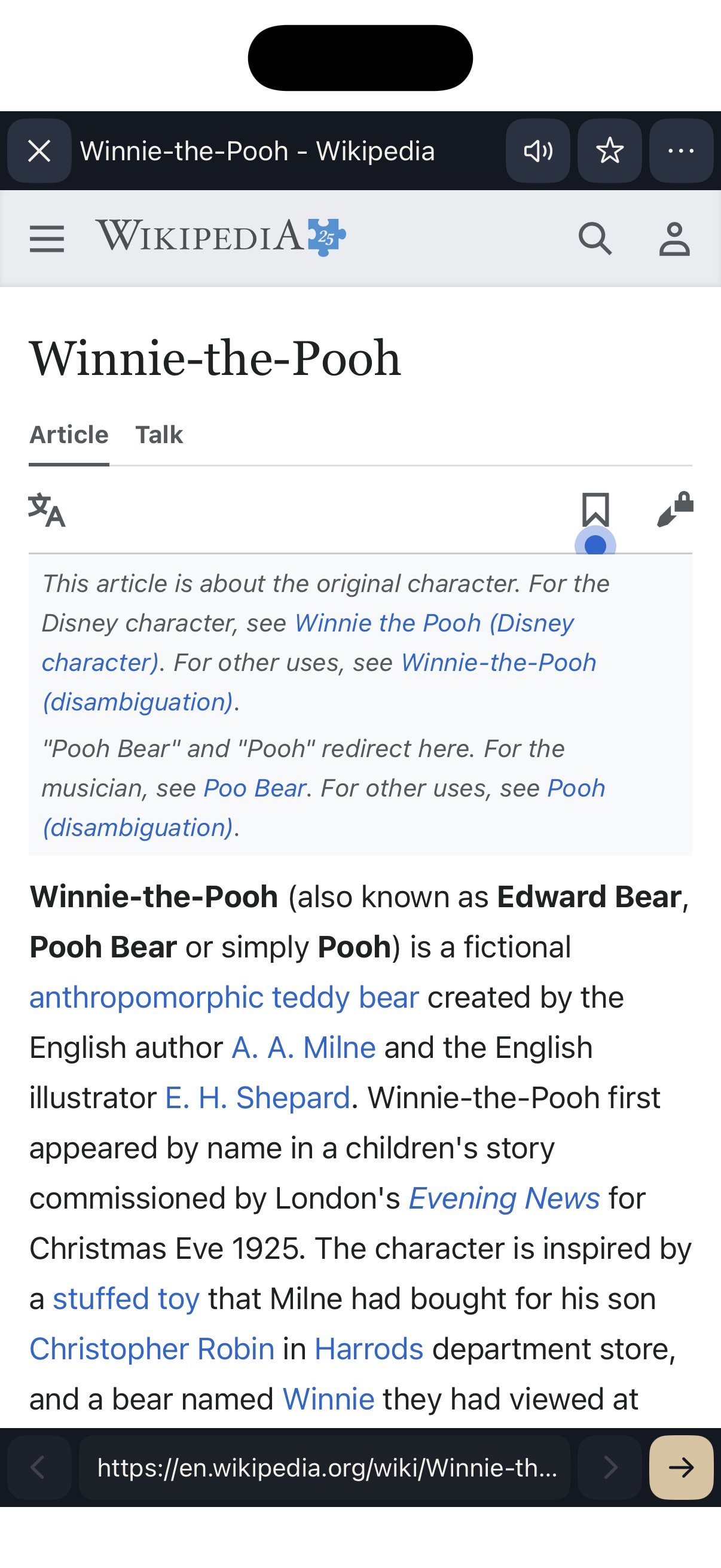 A Wikipedia page open in Brio, with read-aloud and the address bar